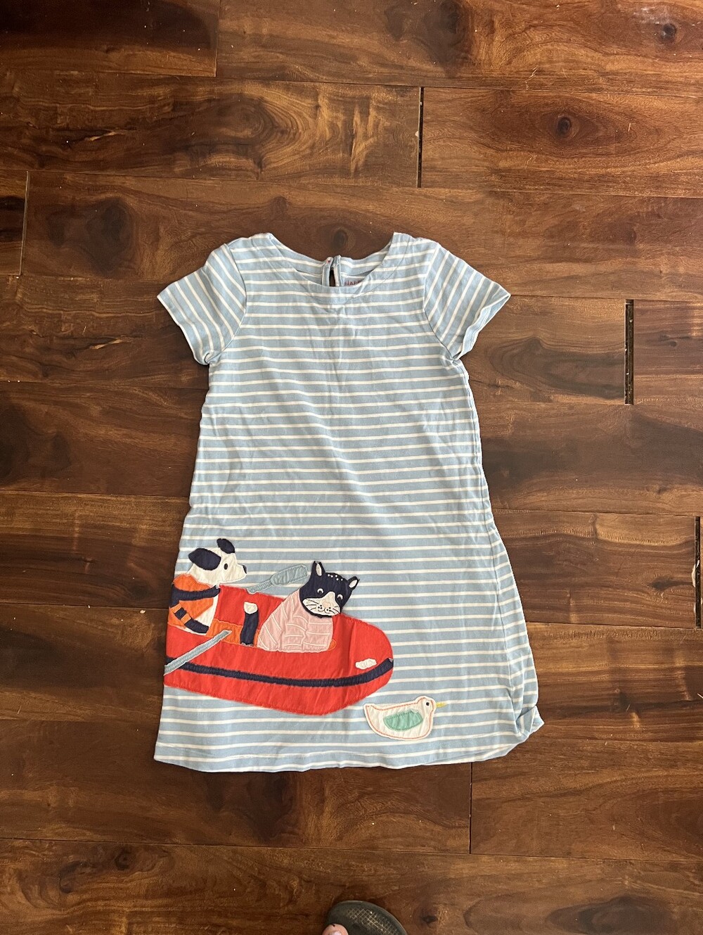 Mini Boden Light Blue Striped Dress with Red Boat and Animal Appliqués